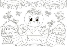 jolie page de coloriage pour les vacances de pâques avec un personnage de poussin dans une coquille d'oeuf et des paniers avec des oeufs et des fleurs dans un style scandinave vecteur