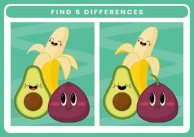 trouver 5 différences entre deux images de feuille de travail imprimable de fruits mignons vecteur