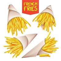 vecteur de pommes de terre frites. sac en papier, cône. savoureuse pomme de terre de restauration rapide. petit-déjeuner américain classique. illustration réaliste isolée