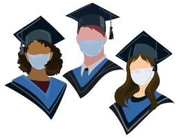 étudiants diplômés de nationalité différente portant un chapeau académique et des masques médicaux illustration vectorielle plane.obtention du diplôme pendant une pandémie.étudiants dans un masque médical de protection portraits isolés vecteur