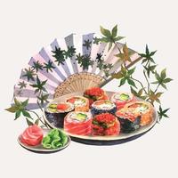 illustration à l'aquarelle d'un ensemble de sushis sur une assiette, gingembre, wasabi, sauce soja, baguettes et éventail japonais isolé sur fond blanc. il peut être utilisé pour concevoir des menus, des bannières. vecteur