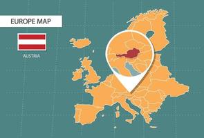 carte de l'autriche en version zoom europe, icônes indiquant l'emplacement de l'autriche et les drapeaux. vecteur