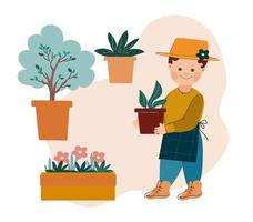 petit garçon jardinier dans un chapeau et un tablier tient un pot avec des semis .vector illustration de dessin animé doodle. vecteur