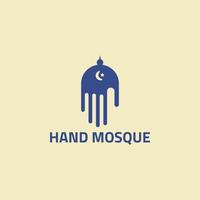 logo de la main bleue avec espace négatif d'une mosquée. vecteur