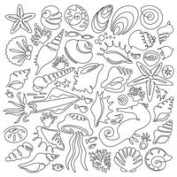 collection de coquillages monochromes, une ligne avec un dessin de doodle de contour infini sans fin. ensemble de formes abstraites de coquillages océaniques vecteur