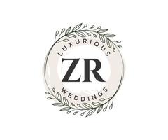 modèle de logos de monogramme de mariage lettre initiales zr, modèles minimalistes et floraux modernes dessinés à la main pour cartes d'invitation, réservez la date, identité élégante. vecteur