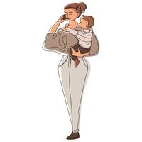 femme d'affaires maman parlant au téléphone avec un bébé dans ses bras dessin au trait vecteur isolé illustration.illustration minimaliste mère avec son petit fils.concept de maternité