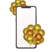 maquette de smartphone réaliste avec des arrangements de ballons dorés vecteur