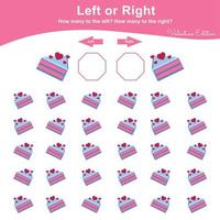 jeu gauche ou droit pour les enfants d'âge préscolaire. activité de feuille de calcul de la saint-valentin pour les enfants. feuille de calcul imprimable de mathématiques de l'éducation pour compter combien sont à gauche et à droite. illustration vectorielle. vecteur