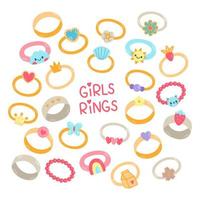 ensemble de bijoux pour enfants, différentes bagues mignonnes. anneaux de dessin animé pour enfants isolés sur blanc. mode, concept de bijoux vecteur