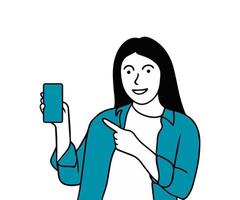 une femme sourit et montre l'écran de son smartphone vecteur