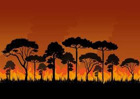 un feu de forêt et des arbres en feu sur fond de silhouette orange, illustration vectorielle. vecteur