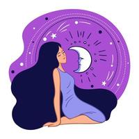 femme calme et détendue avec lune et clair de lune vecteur