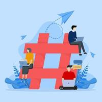 seo hashtag vector illustration concept montrant comment les mots-clés hashtag ont été planifiés pour un bon référencement, groupe de personnes avec icône hashtag, concept de marketing des médias sociaux.