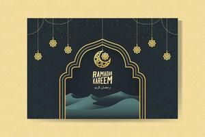 carte de voeux ramadan kareem avec lanternes, lune et dunes de sable. Ramadan Mubarak. illustration vectorielle de fond. vecteur