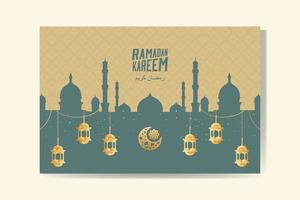 carte de voeux ramadan kareem avec lanterne dorée et mosquée silhouette ramadan moubarak. illustration vectorielle de fond vecteur