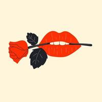 lèvres rouges brillantes sexy féminines avec une fleur de rose fraîche dans les dents. vecteur isolé illustration dessinée à la main