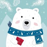 conception de cartes de voeux de Noël et du nouvel an de l & # 39; ours polaire avec écharpe tenant une boîte cadeau rouge dans l & # 39; illustration vectorielle hiver