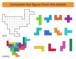 jeu de puzzle avec canard. détails colorés pour les enfants. figure complète. jeu éducatif pour les enfants, activité de feuille de calcul préscolaire. puzzle. illustration vectorielle. vecteur