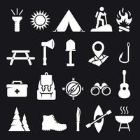 jeu d'icônes de camping. blanc sur fond noir vecteur
