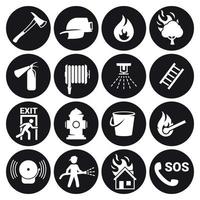 jeu d'icônes d'urgence incendie. blanc sur fond noir vecteur