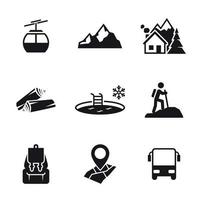 icônes de loisirs de montagne. noir sur fond blanc vecteur