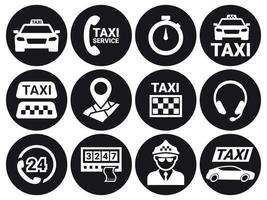 jeu d'icônes de taxi. blanc sur fond noir vecteur