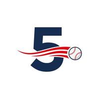 lettre initiale 5 concept de logo de baseball avec modèle vectoriel d'icône de baseball en mouvement