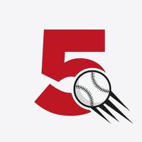 lettre initiale 5 concept de logo de baseball avec modèle vectoriel d'icône de baseball en mouvement