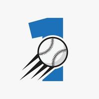 lettre initiale 1 concept de logo de baseball avec modèle vectoriel d'icône de baseball en mouvement
