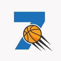 lettre initiale 7 concept de logo de basket-ball avec icône de basket-ball en mouvement. modèle vectoriel de symbole de logotype de ballon de basket