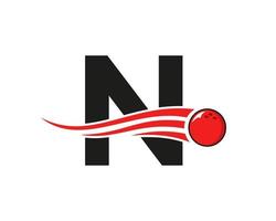 lettre n logo de bowling. symbole de boule de bowling avec modèle de vecteur de boule mobile rouge