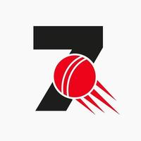 concept de logo de cricket lettre 7 avec icône de balle de cricket en mouvement. modèle vectoriel de symbole de logo de sport de cricket