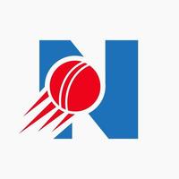 concept de logo de cricket lettre n avec icône de balle de cricket en mouvement. modèle vectoriel de symbole de logo de sport de cricket