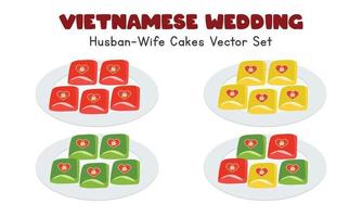 mariage vietnamien banh phu le - mari femme gâteaux clipart. illustration vectorielle de gâteau traditionnel de mariage vietnam. concept de cérémonie de mariage traditionnel vietnamien. texte sur stickers double bonheur vecteur