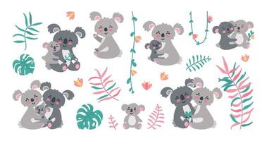 famille de koala dans la jungle. parents de koala avec des bébés dans des feuilles, des lianes et des fleurs. illustration vectorielle vecteur