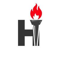 lettre initiale h concept de torche de feu avec symbole de vecteur d'icône de feu et de torche