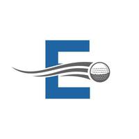 concept de logo de golf lettre e avec icône de balle de golf en mouvement. modèle vectoriel de symbole de logo de sport de hockey