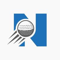 concept de logo de golf lettre n avec icône de balle de golf en mouvement. modèle de vecteur de symbole de logo de sport de hockey