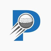 concept de logo de golf lettre p avec icône de balle de golf en mouvement. modèle de vecteur de symbole de logo de sport de hockey