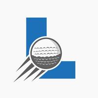 concept de logo de golf lettre l avec icône de balle de golf en mouvement. modèle vectoriel de symbole de logo de sport de hockey