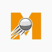 concept de logo de golf lettre m avec icône de balle de golf en mouvement. modèle de vecteur de symbole de logo de sport de hockey