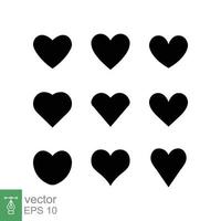 jeu d'icônes de coeur. style plat simple. logo d'amour, sentiment, romance, concept d'émotion de décoration de désherbage. silhouette noire, symbole glyphe. conception d'illustration vectorielle isolée sur fond blanc. ep 10. vecteur