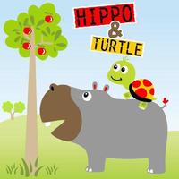 joli tour de tortue sur le dos de l'hippopotame, arbre fruitier, illustration vectorielle de dessin animé vecteur