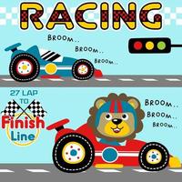 lion mignon sur voiture de course, éléments de championnat de voiture de course, illustration de dessin animé vectoriel