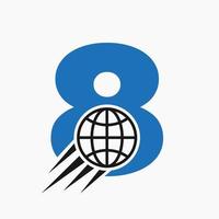 concept de logo global lettre 8 avec icône du monde en mouvement. modèle de vecteur de symbole de logo mondial