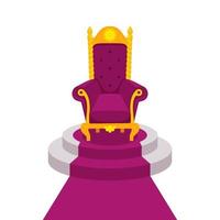 fauteuil ou trône royal en velours violet sur podium avec tapis. chaise dorée luxueuse et lumineuse pour la reine, le roi ou le gagnant isolé sur fond blanc. concept de meubles anciens et médiévaux. vecteur plat