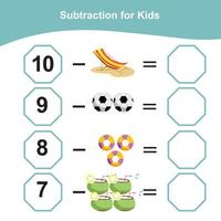 compter les articles d'été pour le préscolaire. feuille de calcul mathématique imprimable. jeu de mathématiques pour le préscolaire. fichier vectoriel. vecteur