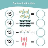 compter les articles d'été pour le préscolaire. feuille de calcul mathématique imprimable. jeu de mathématiques pour le préscolaire. fichier vectoriel. vecteur