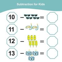 compter les articles d'été pour le préscolaire. feuille de calcul mathématique imprimable. jeu de mathématiques pour le préscolaire. fichier vectoriel. vecteur